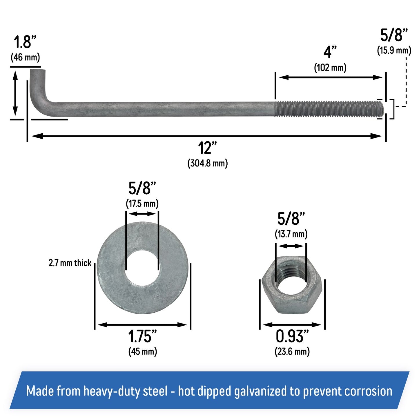 5/8" x 12-inch Galvanized Threaded Anchor Bolts for Wood, Concrete (10 Pack)