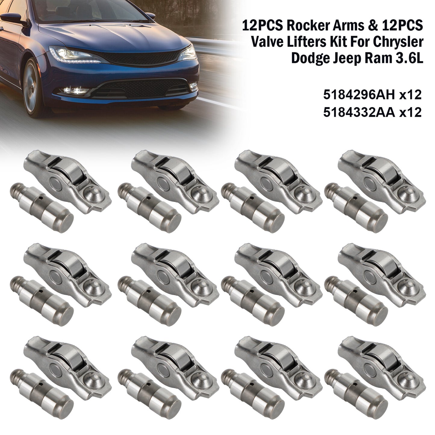 12PCS Rocker Arms & 12PCS Valve Lifters Kit For Chrysler Dodge Ram 3.6L
