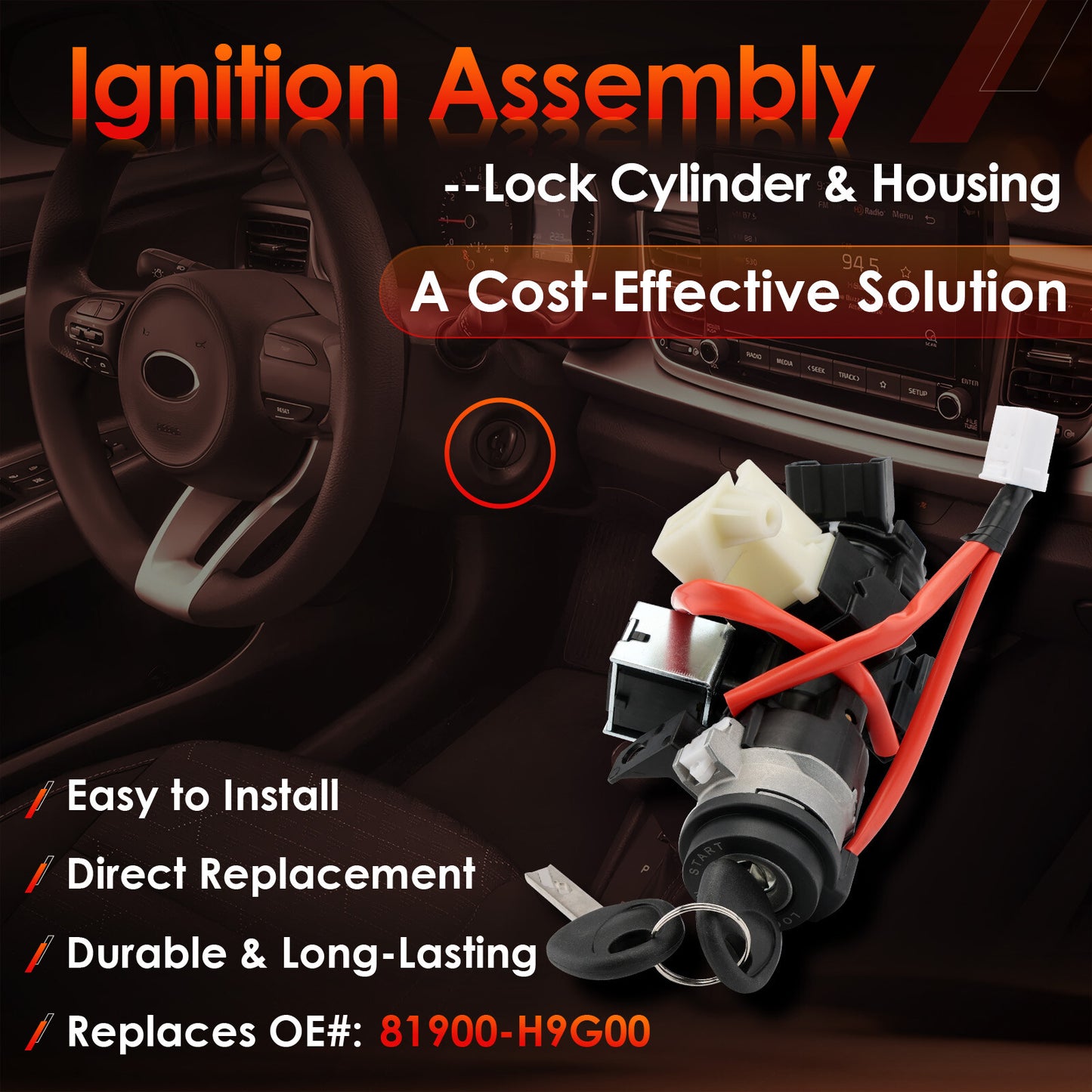 Ignition Lock Cylinder Switch & Cylinder Housing with Keys For 2021-2023 Kia Rio