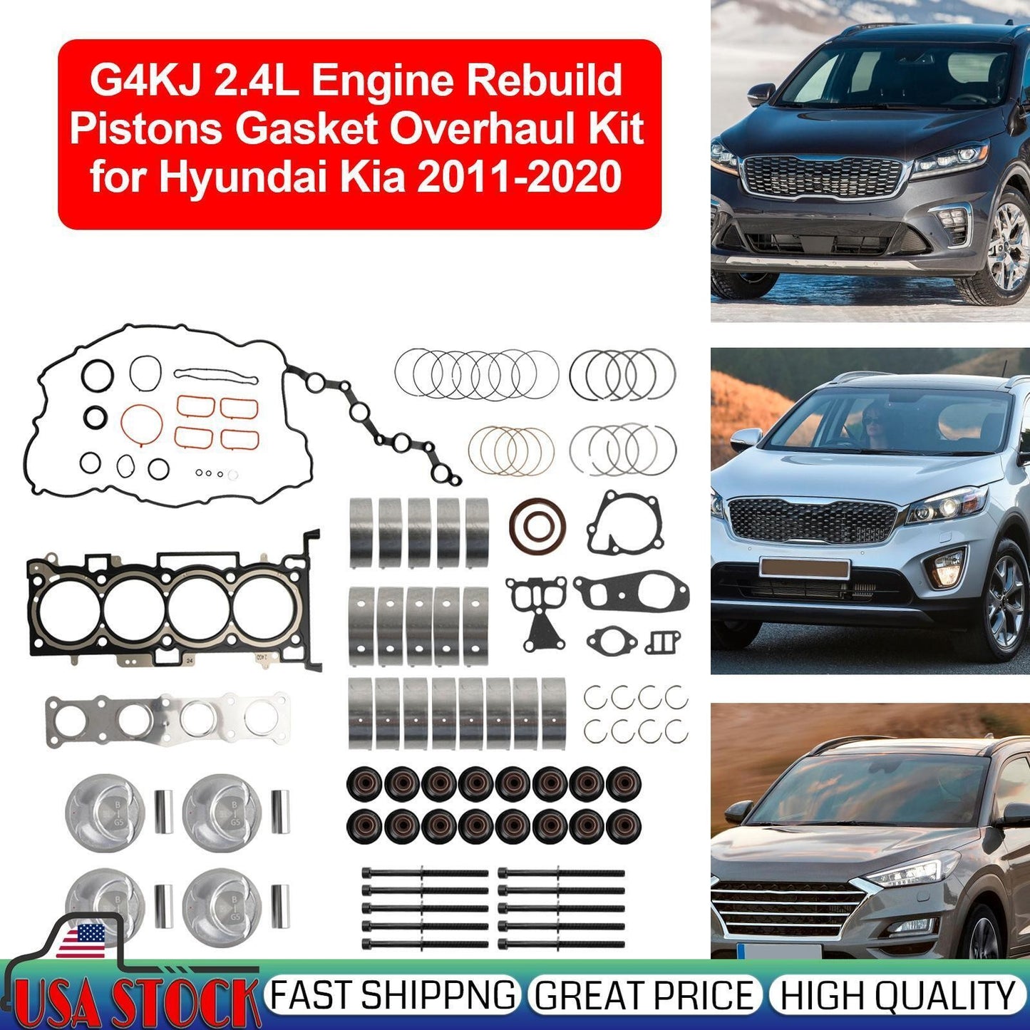 G4KJ 2.4L Engine Rebuild Pistons Gasket Overhaul Kit for Hyundai Kia 2011-20