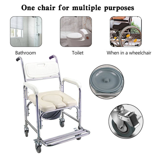 Solid Spare Multifunction Wheeled Mobile Toilet Commode Shower Chair Wheelchair For Elderly