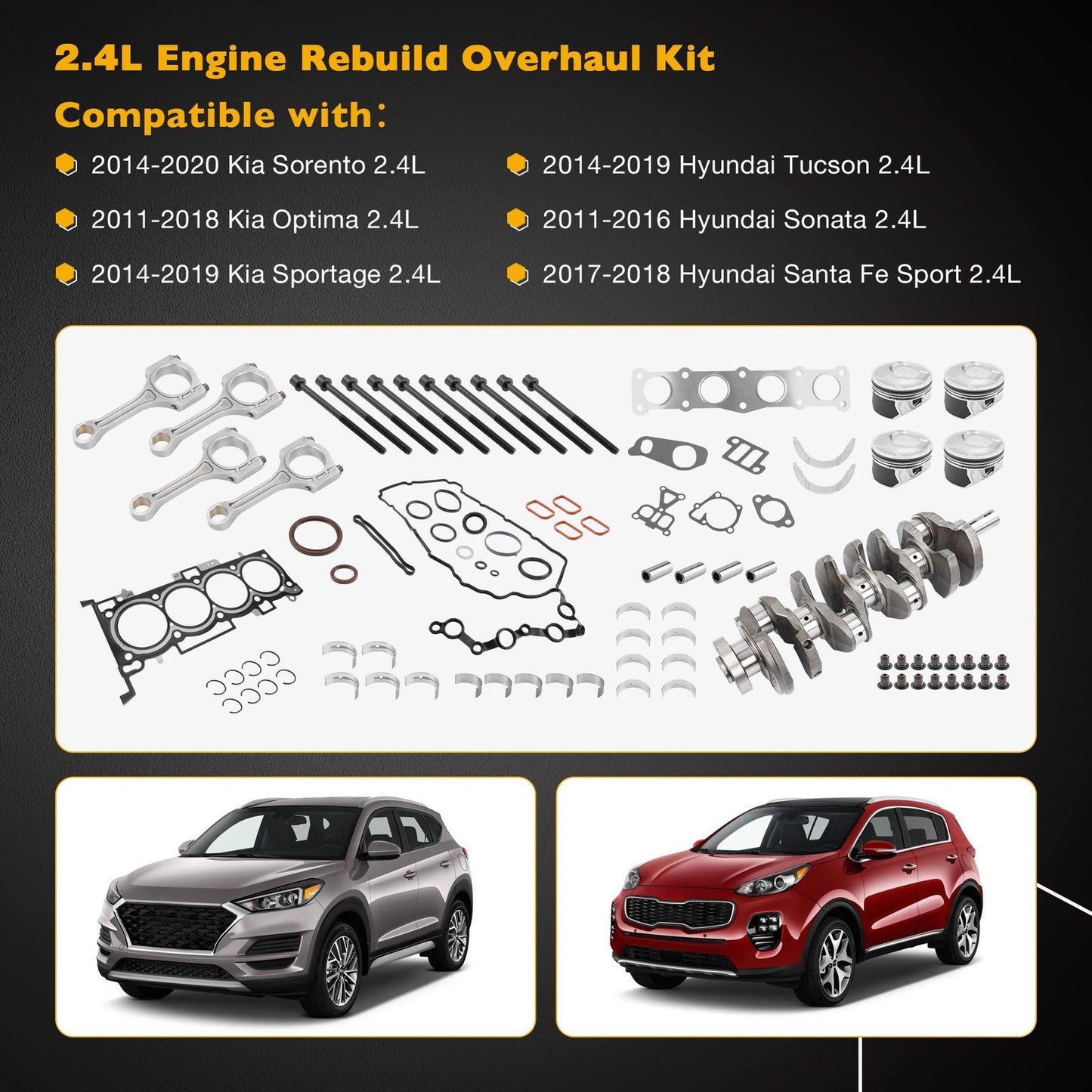 2.4L G4KJ Engine Rebuild Kit Overhaul Headgasket Piston Fit 2011-20 Kia Hyundai