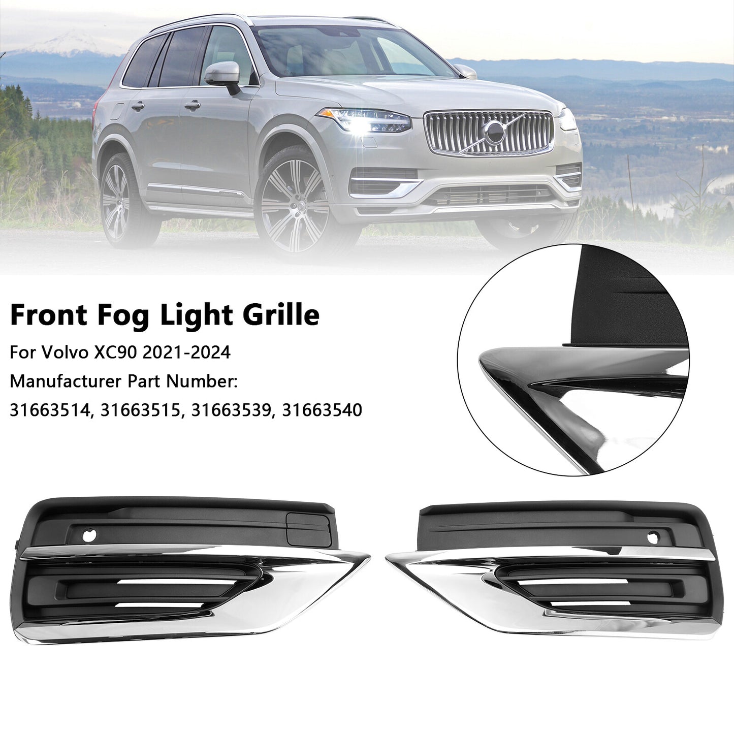 2PCS Front Bumper Fog Light Grille Fog Lamp Grille Fit Volvo XC90 2021-2024