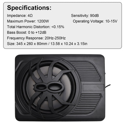1200W Car Subwoofer 10" 12V Slim Under Seat Powered Car Subwoofer for Car Truck