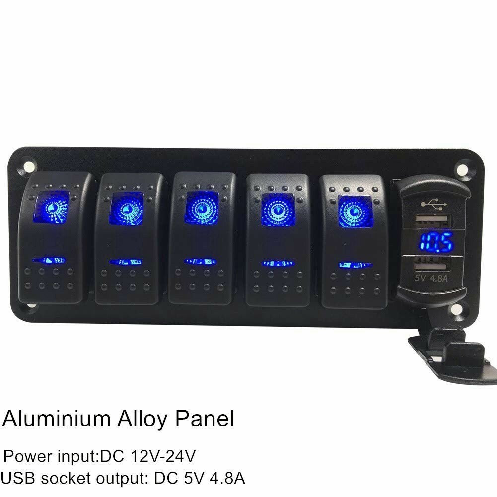 6 Gang Toggle Rocker Switch Panel Dual USB for Car Boat Marine RV Truck Blue LED