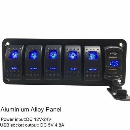 6 Gang Toggle Rocker Switch Panel Dual USB for Car Boat Marine RV Truck Blue LED