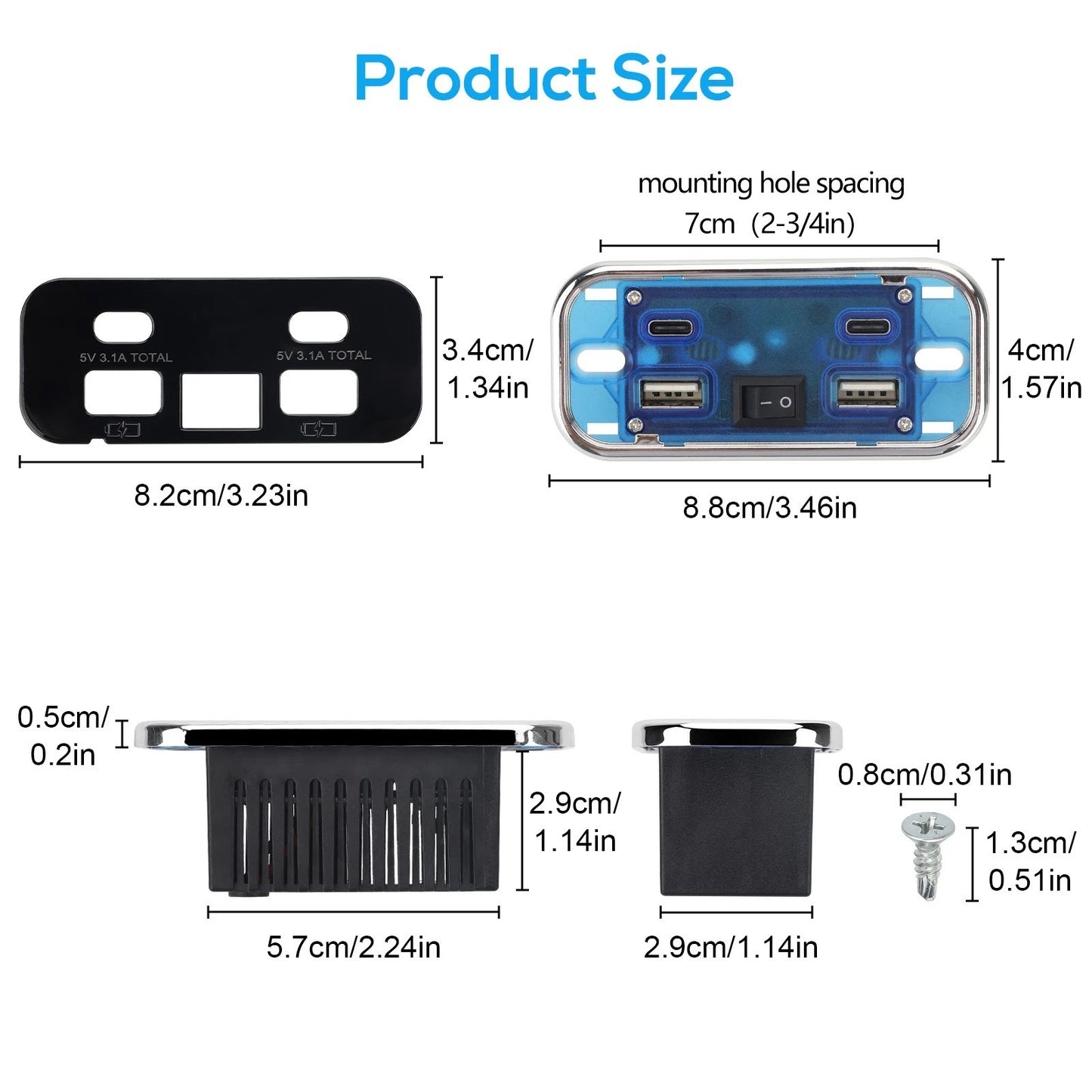 2pcs RV USB Outlet Dual USB A & USB C Ports Car Charger Socket Panel Boat Marine