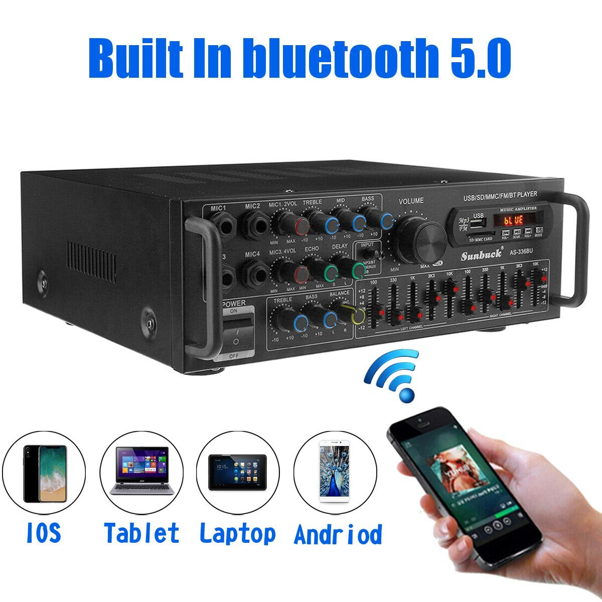 Sunbuck Bluetooth 5.0 HiFi Stereo Power Amplifier 2000W Home Audio FM USB AUX