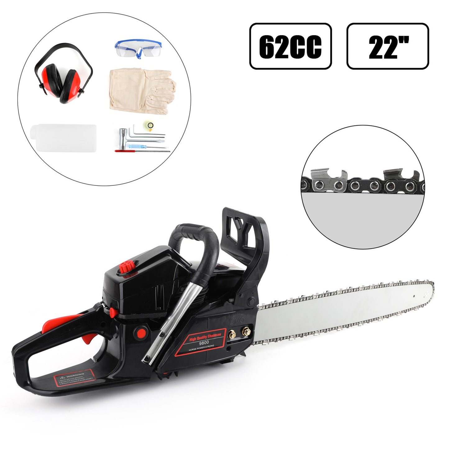??62cc Gas Chainsaw 22" Bar Gasoline Powered Chain Saw 2 Cycle Engine Cutting