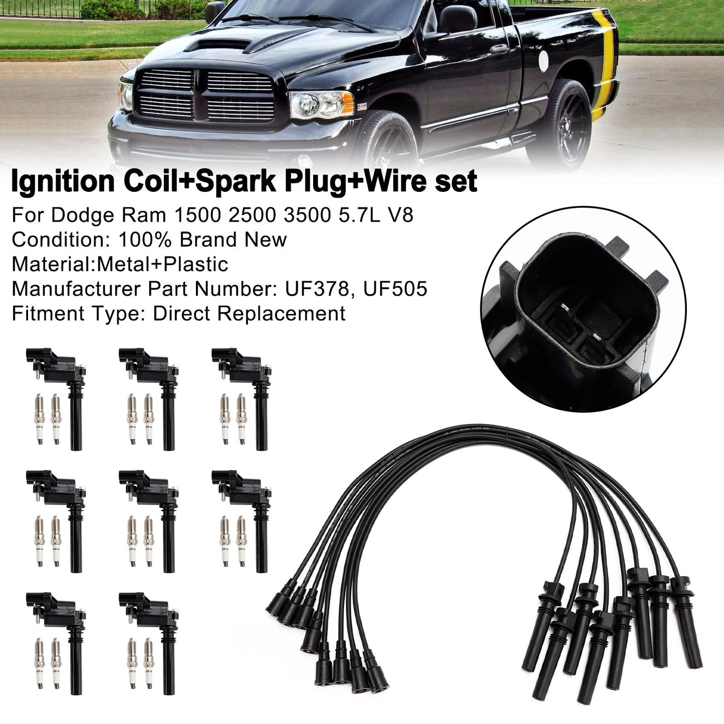 UF378 Ignition Coil+Spark Plug+Wire set For Dodge Ram 1500 2500 3500 5.7L V8  ..