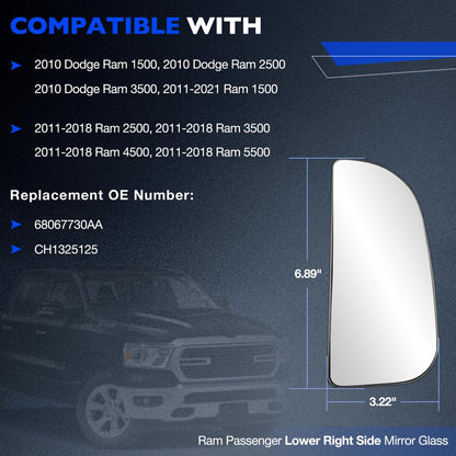 Passenger Right Upper & Lower Side Mirror Glass w/ Holder For 2010-2020 RAM 1500