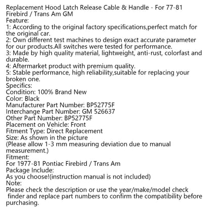 Hood Release Handle And Cable A3 Fits Firebird Trans Am 1977-1981 GM # 526637 78