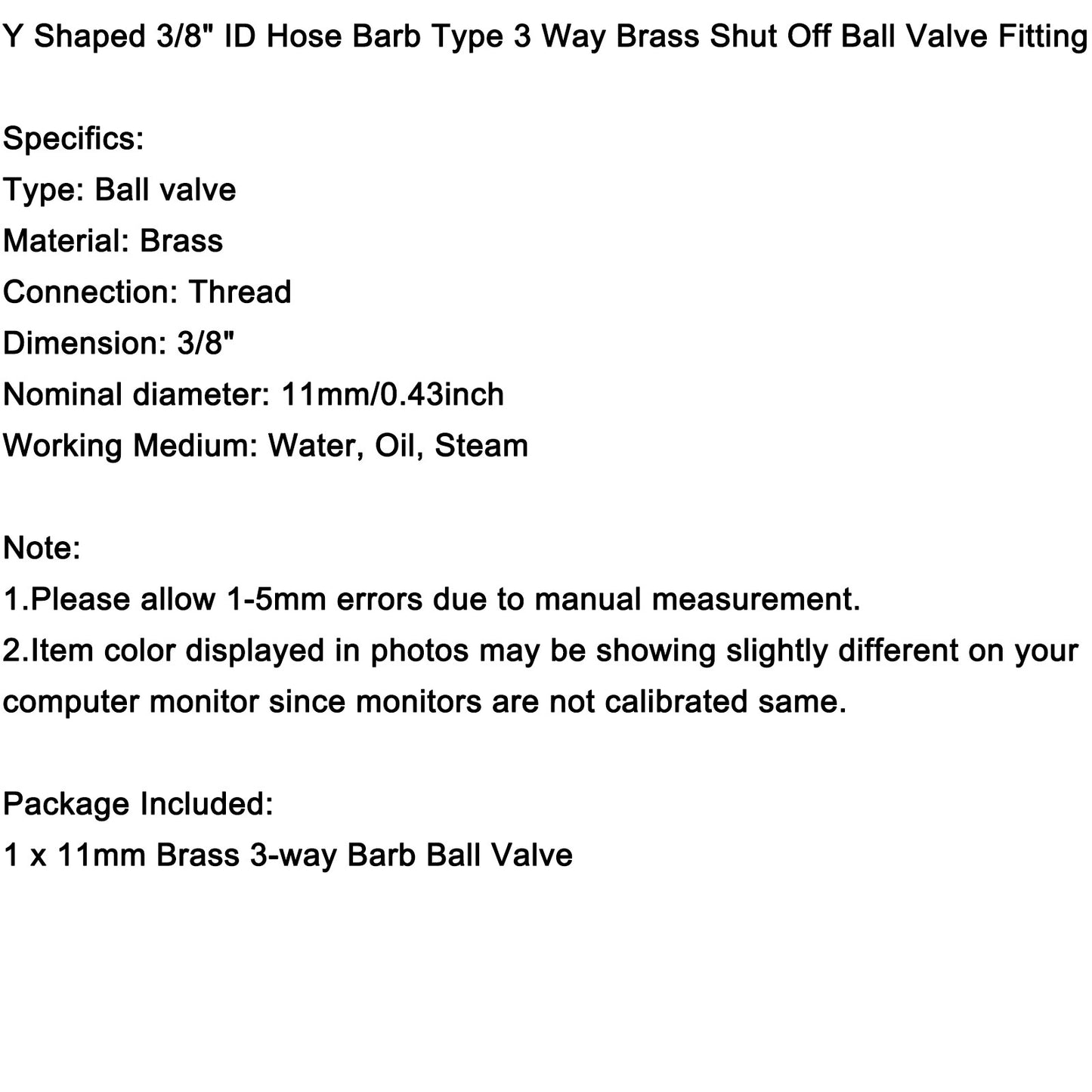 3/8" Hose Barb Ball Valve Y Shaped 3 Way Connector Barb Brass Fitting OD 11mm US