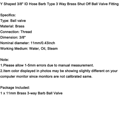 3/8" Hose Barb Ball Valve Y Shaped 3 Way Connector Barb Brass Fitting OD 11mm US