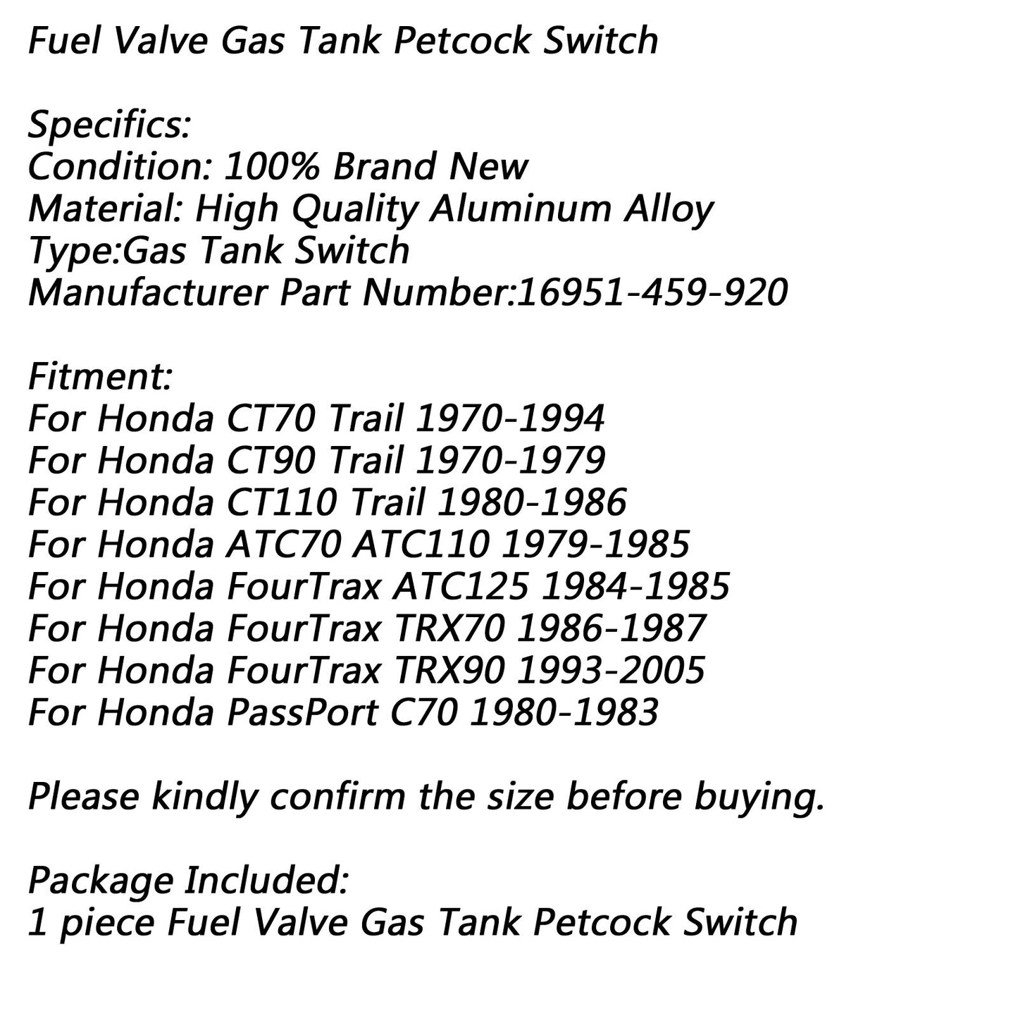 Gas Fuel Tank Switch Valve Petcock For Honda ATC125 RX70 TRX90 FourTrax ATC70 US