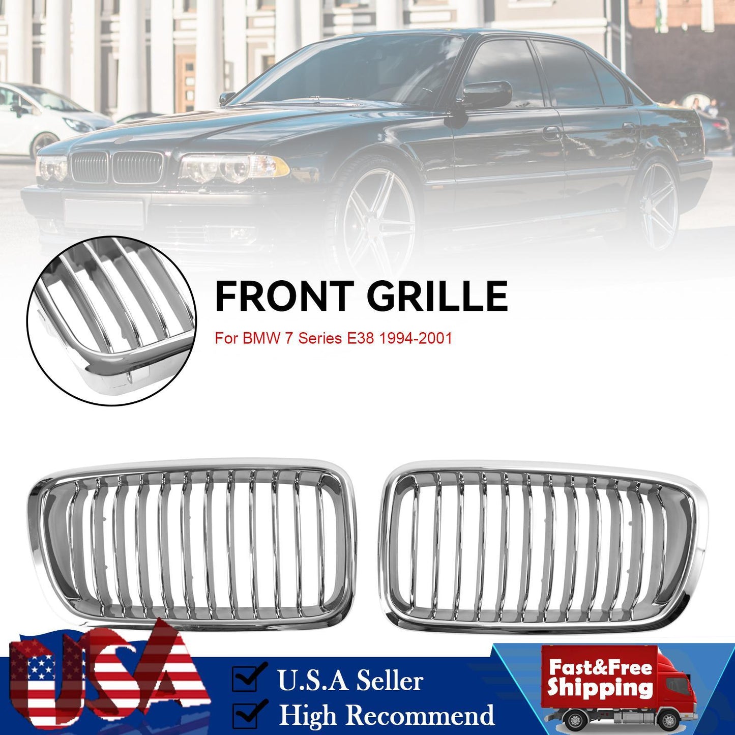 2PCS Chrome Front Kidney Grill Grille Fit BMW 7 Series E38 1994-2001