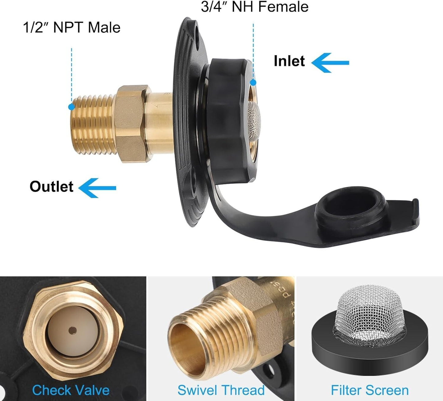 RV City Water Fill Inlet Kit with Check Valve Flange Solid Brass Hose Connector