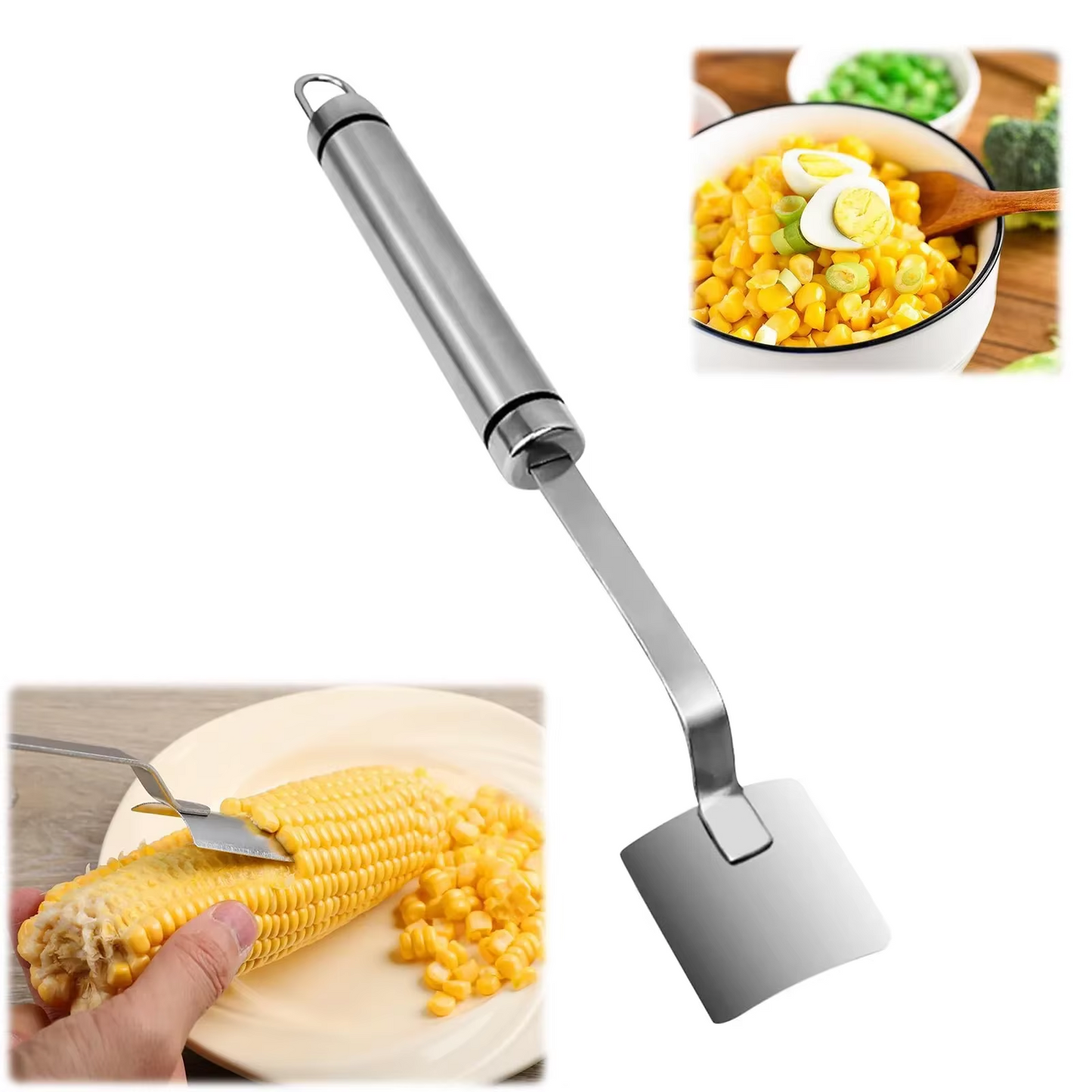 2PC Corn Peeler Stainless Steel Corn Cob Stripping Tool w/ Hook Long Handle Corn