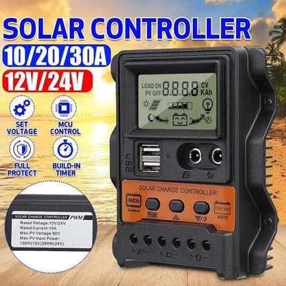 30A PWM Solar Panel Regulator Charge Controller 12/24V Auto Focus Tracking USB