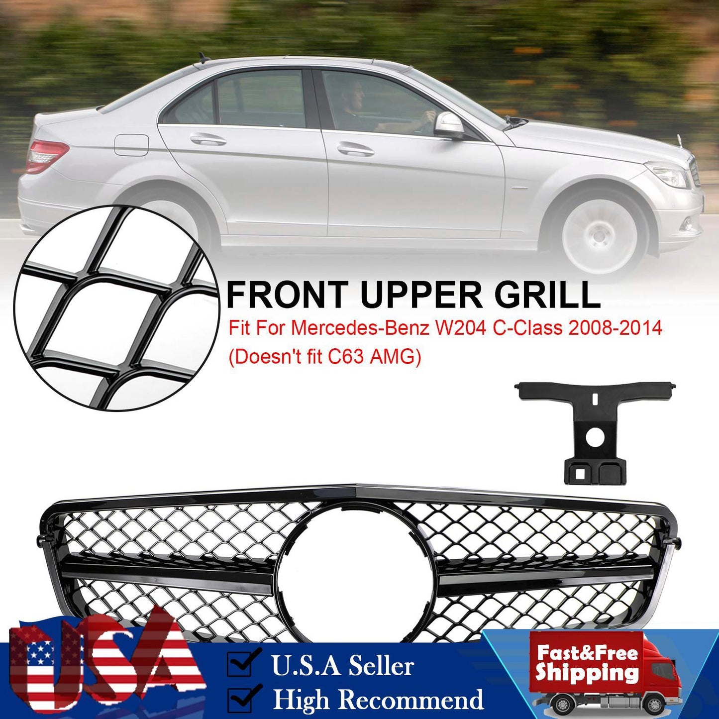 Gloss Black Grill Grille Fits Mercedes Benz W204 C250 C350 2008-13