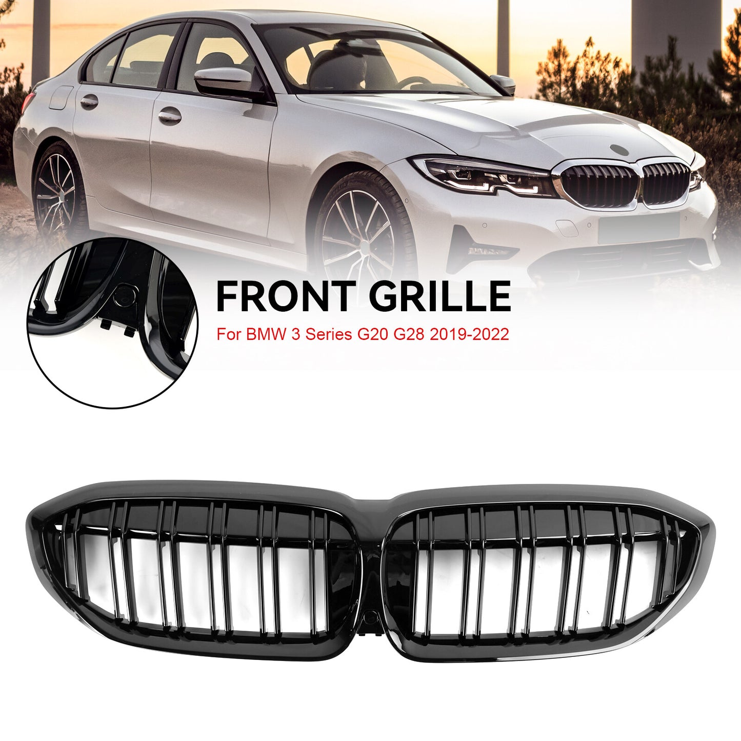 Black Dual Slat Kidney Grille Grill 51138072085 Fit BMW 3 Series G20 2019-2022