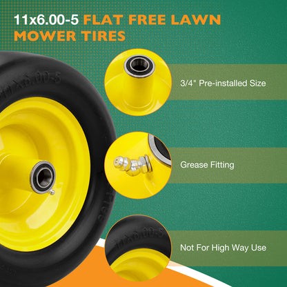 2x 11x6.00-5 Front Flat Free Tire Wheel Set w/ Bearings For Zero-Turn Lawn Mower