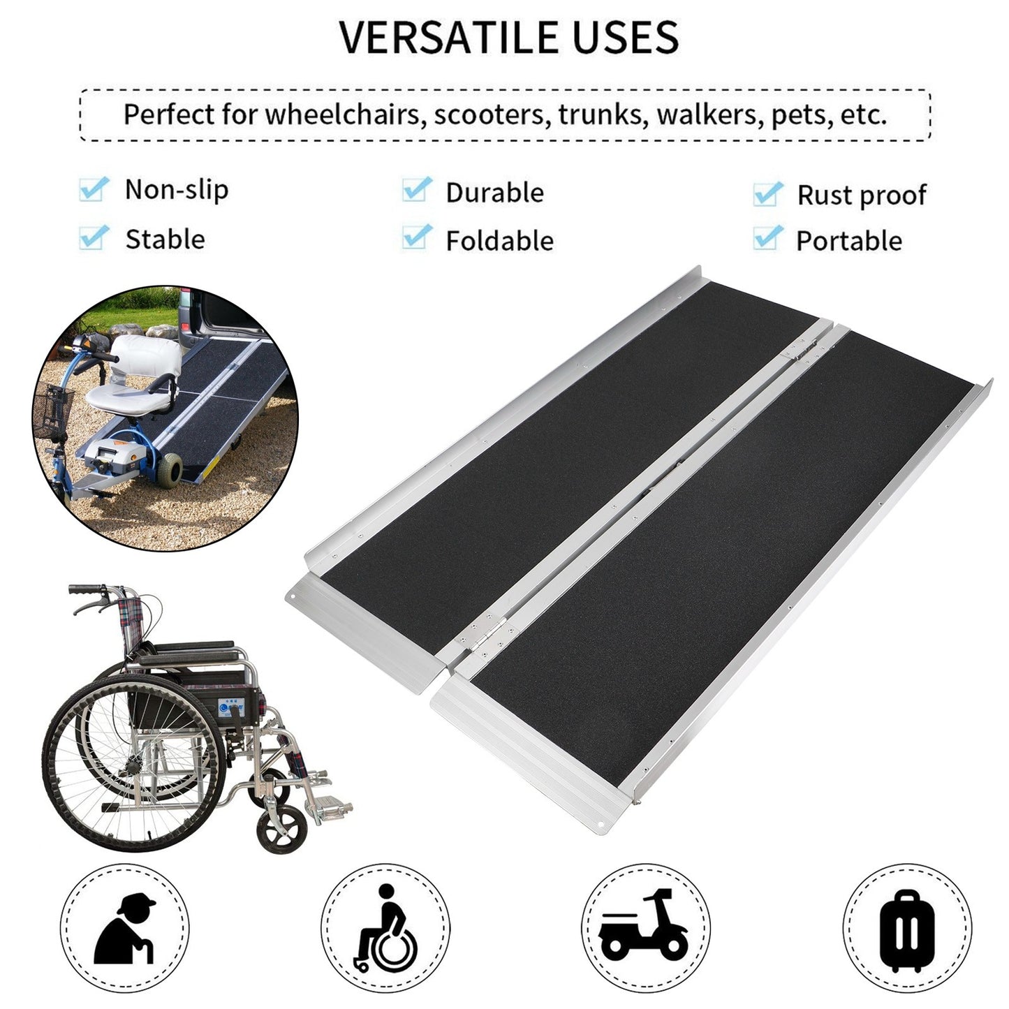 4FT Portable Wheelchair Ramp Non Skid Aluminum Foldable Mobility Scooter Ramp,