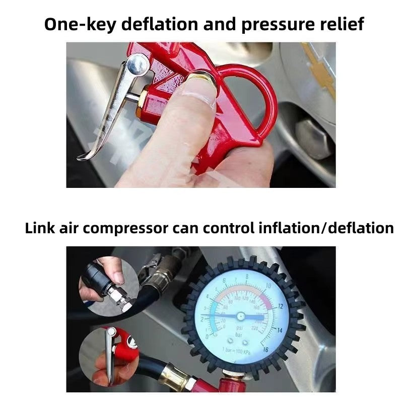 220 PSI Tire Inflator Gun Pressure Gauge Air Chuck with 1/4'' NPT Hose Truck Car
