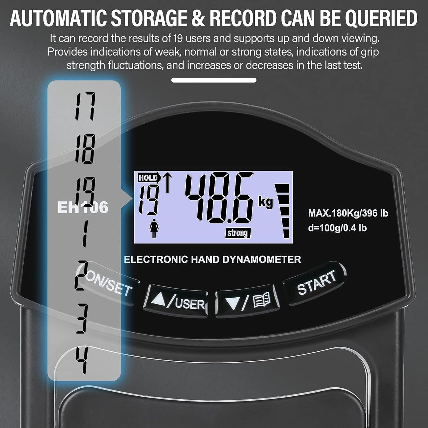 Grip Strength Tester 396Lbs/180Kg Digital Hand Dynamometer Grip Strength Meter