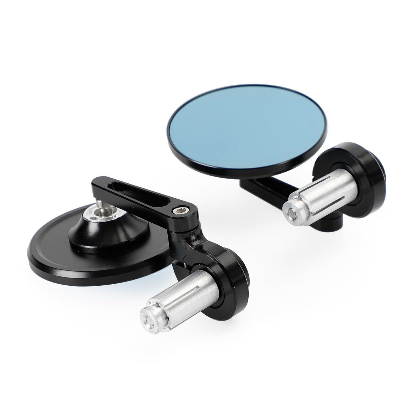 3" CNC Round Handlebar End Mirror, Shrot Arm, Black, 7/8"-1" BAR, Blue Glass