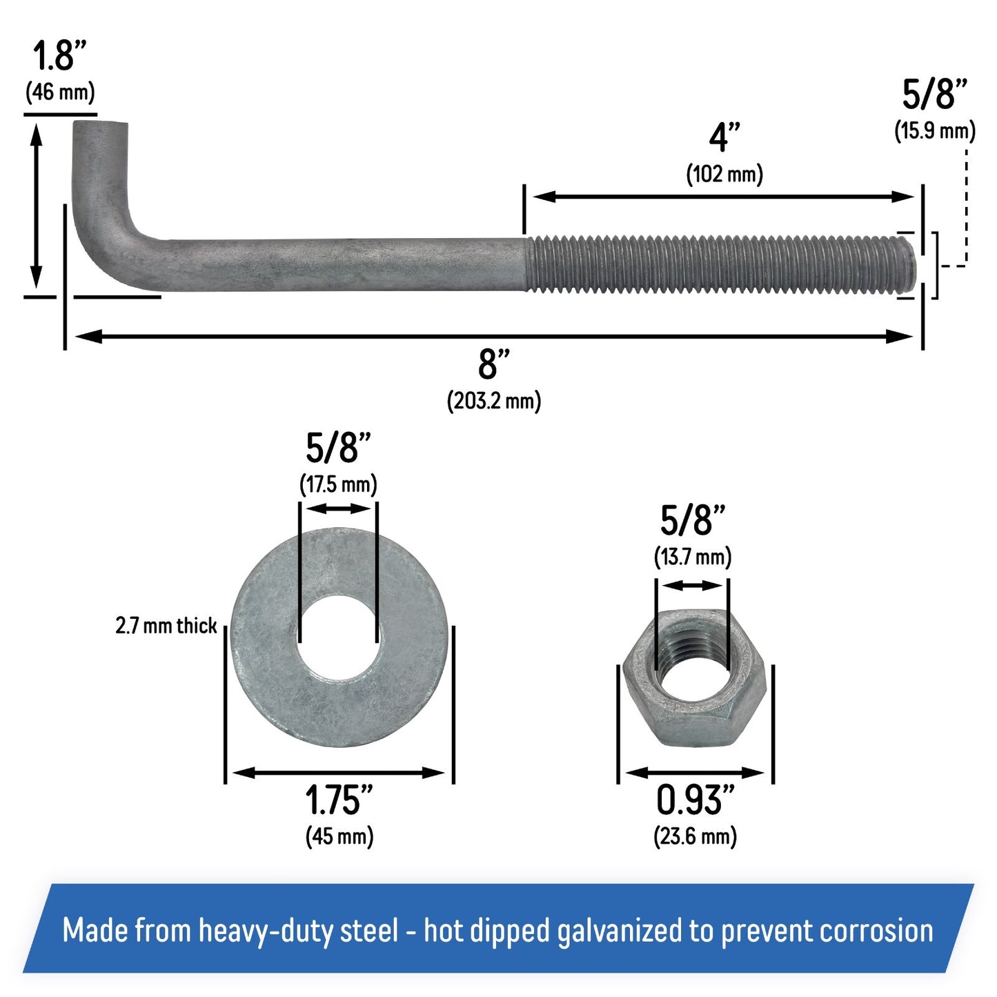 5/8" x 8-inch Galvanized Threaded Anchor Bolts for Wood, Concrete (10 Pack)