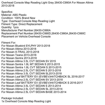 Overhead Console Map Reading Light Gray 26430-C990A For Nissan Altima 2013-2018