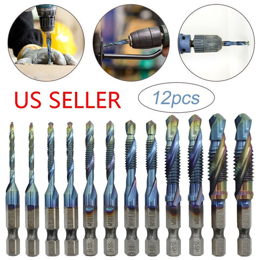12Pcs 1/4" M3-M10 Hex Shank Composite HSS Metric Screw Thread Tap Drill Bits Set