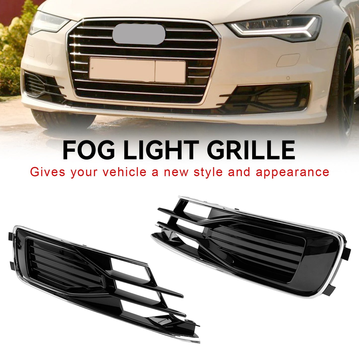 2PCS Front Bumper Foglight Cover Grill Fit Audi A6 C7 2014-2018 Black Chrome