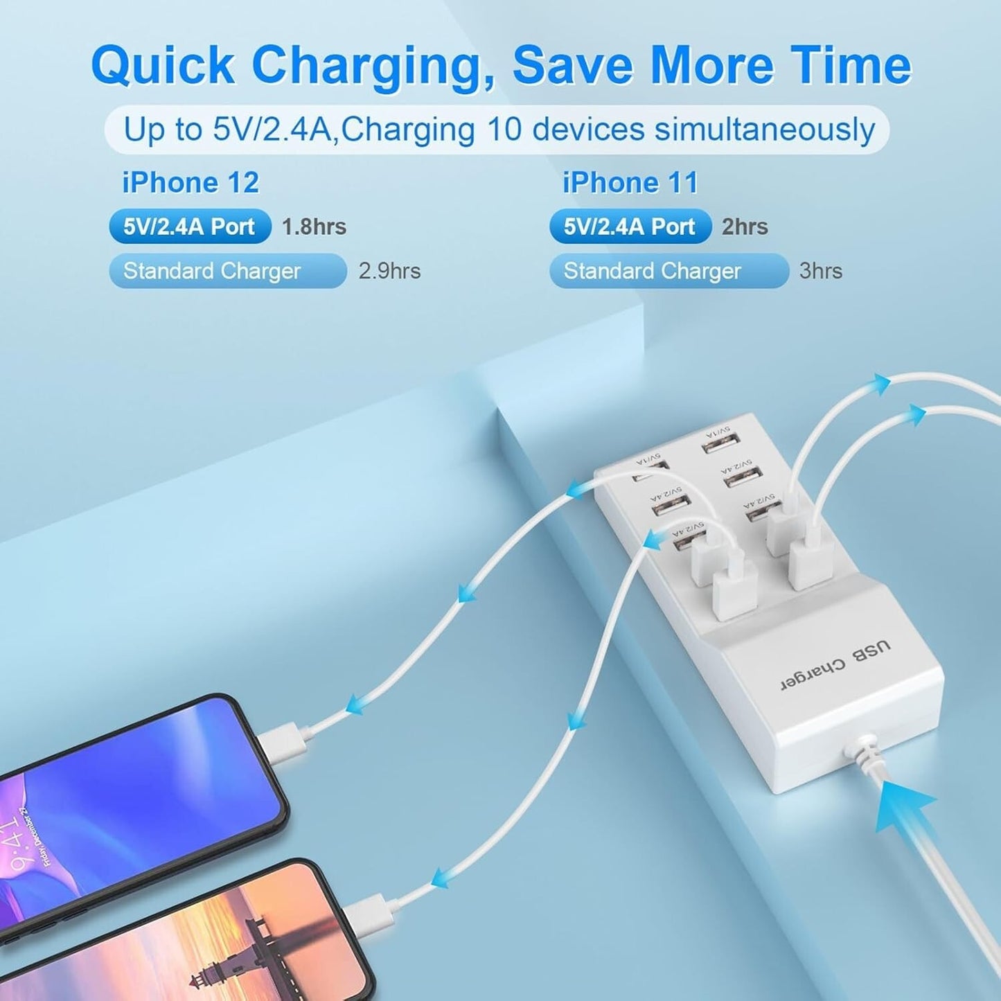10 Port USB Charging Station Hub Power Adapter 50W Fast Charger for Phone Tablet
