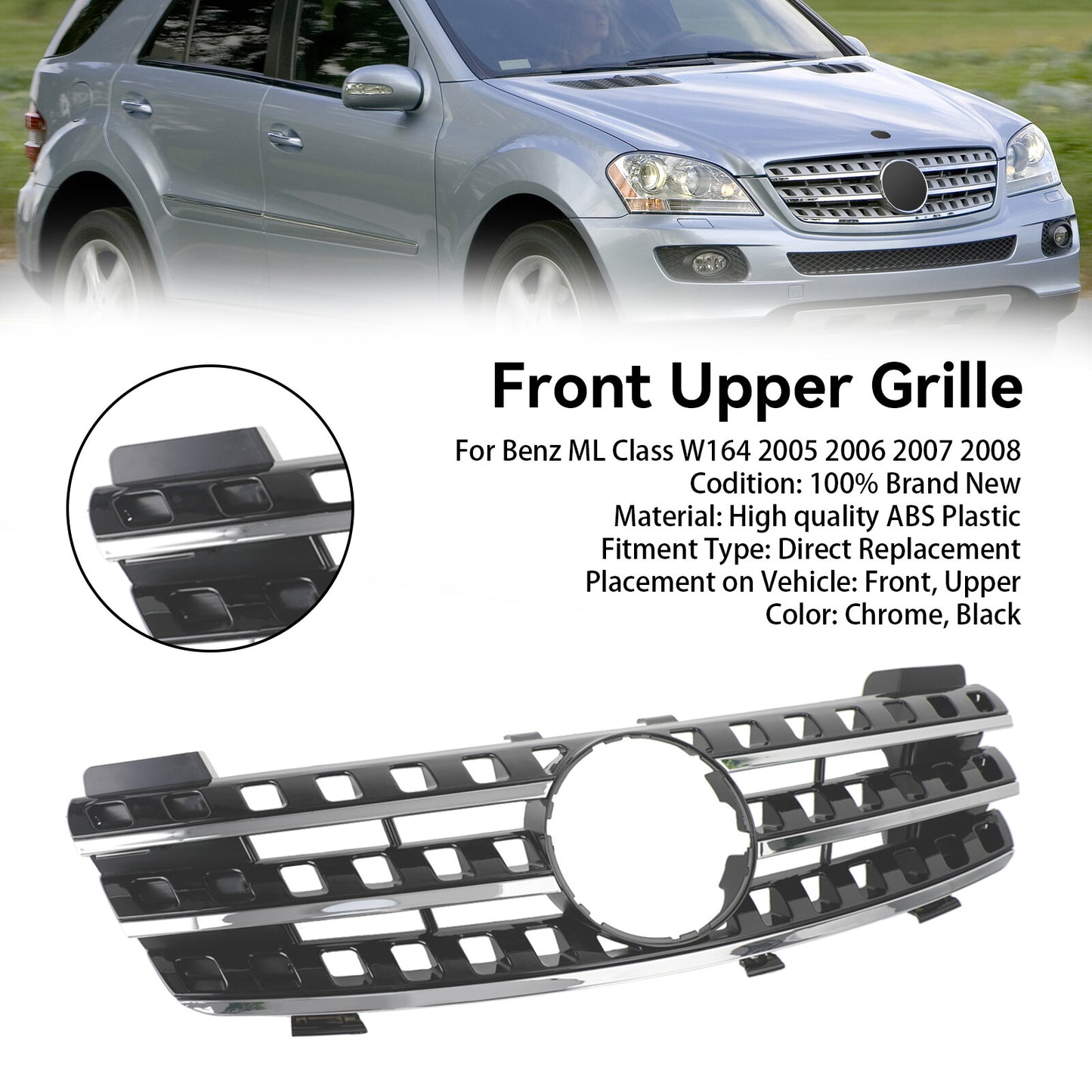 Front Bumper Grille Grill Fit Mercedes ML-Class W164 2005-2008 Chrome/Black
