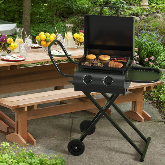 Solid Spare Portable Leg Propane Grill Folding Gas Grill Griddle w/Hood & Side Shelf,