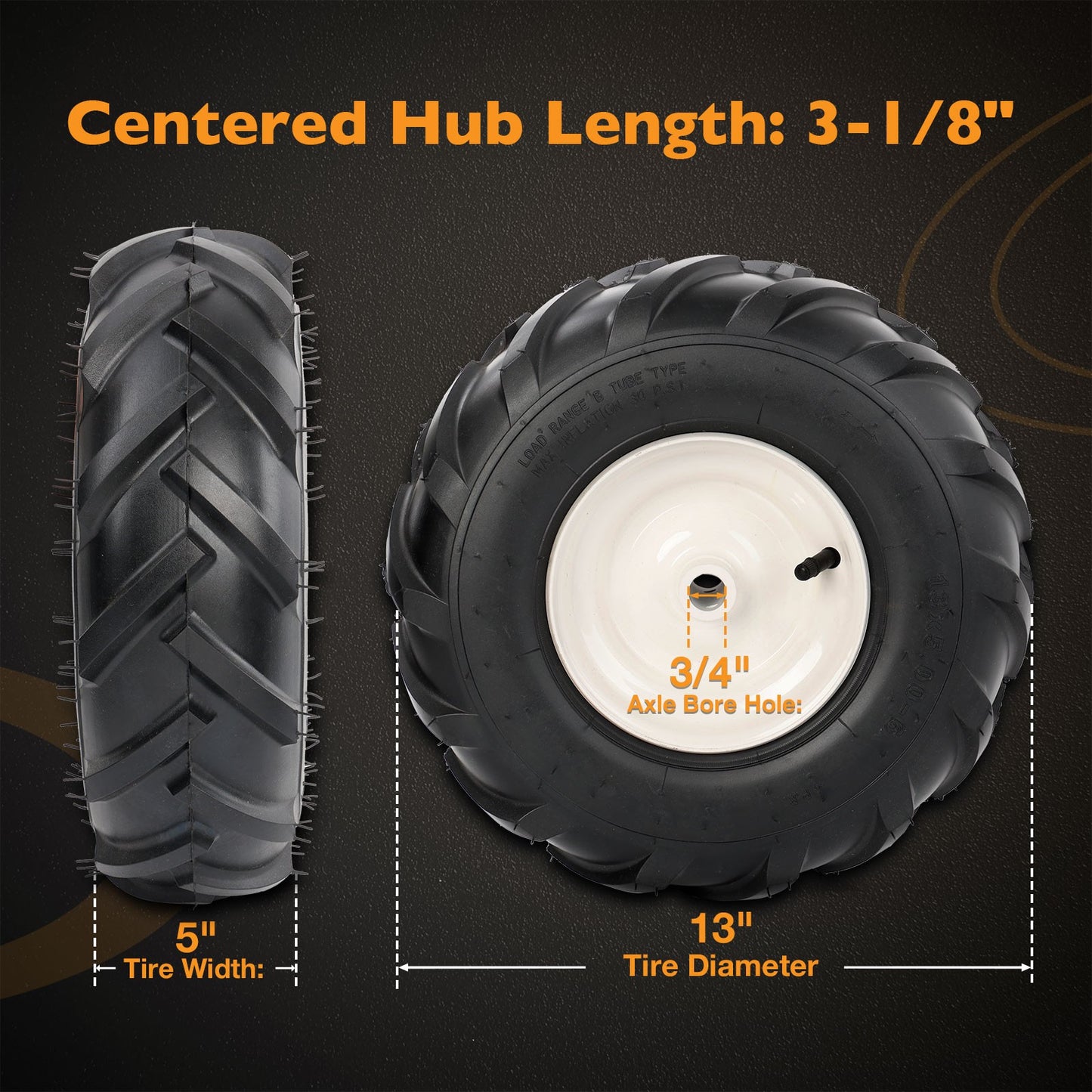 2x 13x5.00-6" Tiller Tire ＆ Wheel 3-1/8" Centered Hub For Craftsman Troy-Bilt