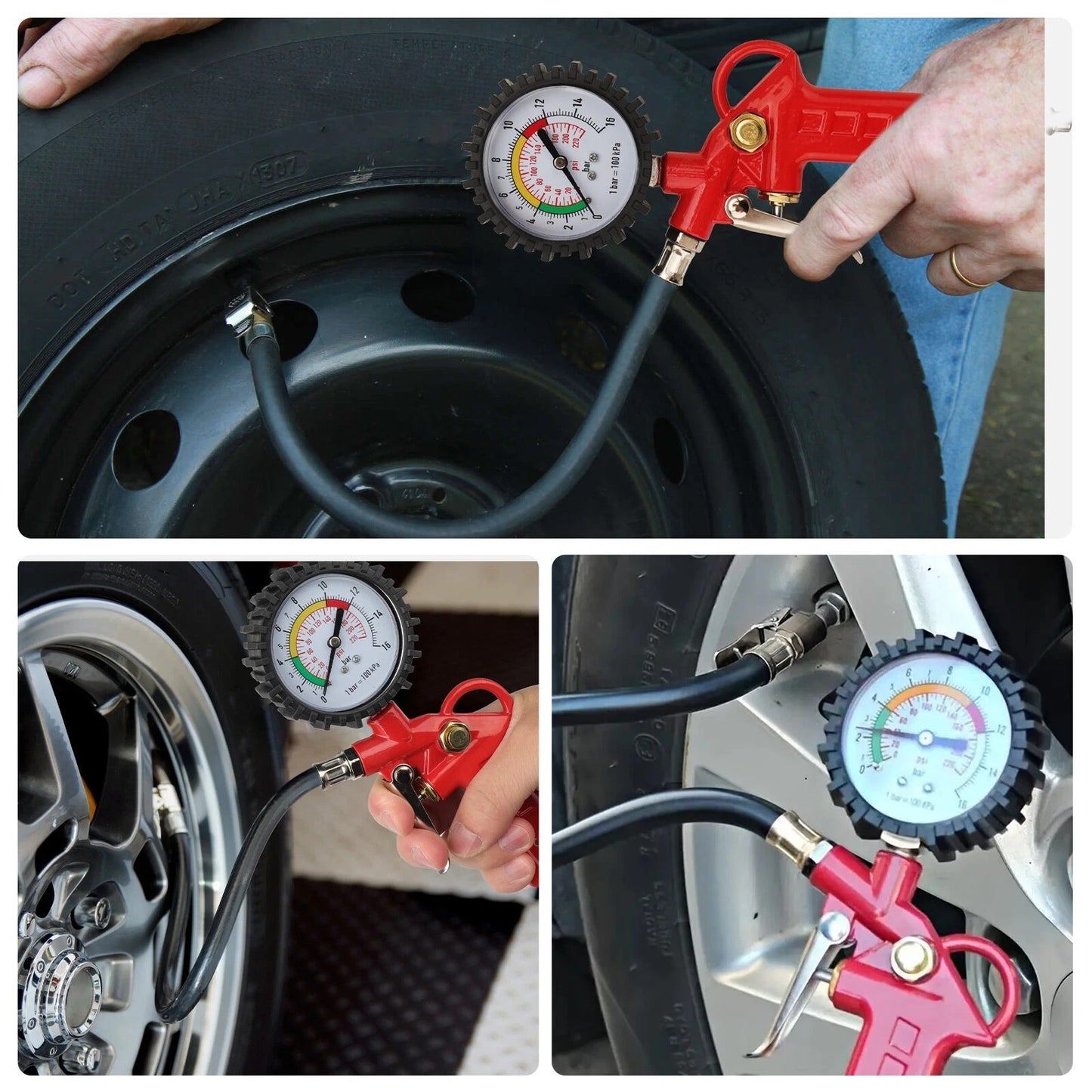 220 PSI Tire Inflator Gun Pressure Gauge Air Chuck with 1/4'' NPT Hose Truck Car