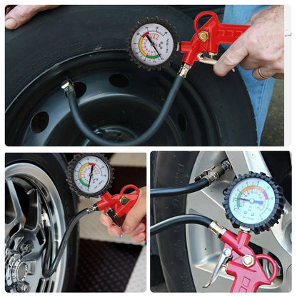 220 PSI Tire Inflator Gun Pressure Gauge Air Chuck with 1/4'' NPT Hose Truck Car