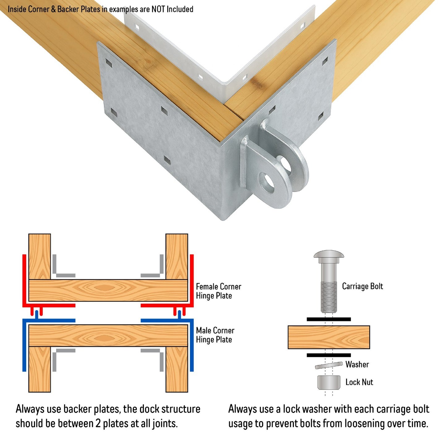 Floating Dock Outside Corner Hinge Plate, Male - Heavy-Duty Galvanized Steel