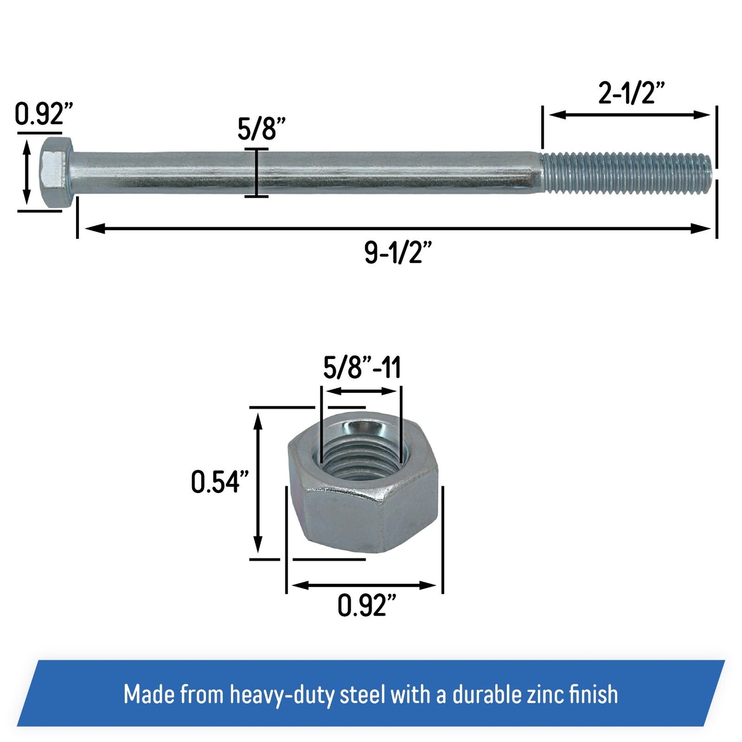 Spindle Blade Bolt & Hex Nut 5/8-11x9-1/2 for SCAG Mower 04001-41 04020-09
