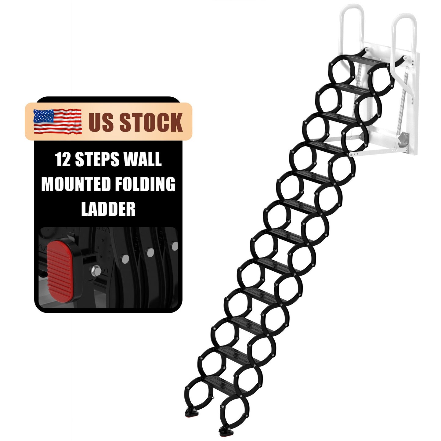 Wall Mounted Folding Ladder Black Loft Attic Stairs Pull down 12 Steps*