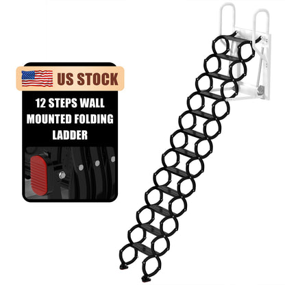 Wall Mounted Folding Ladder Black Loft Attic Stairs Pull down 12 Steps*