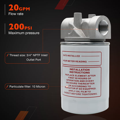 3/4"NPTF Oil Filter w/ 10 Micron Hydraulic For Tractors Log Splitters CP-752-10