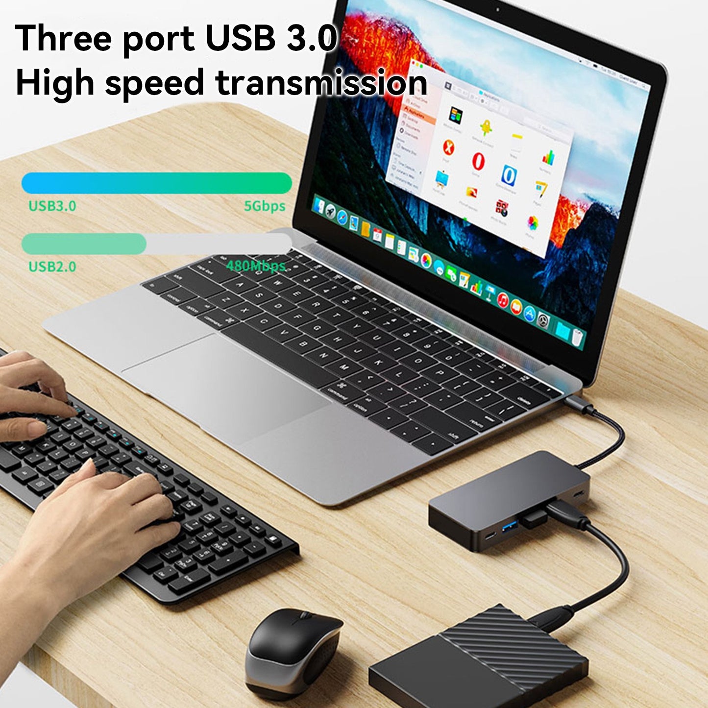 7 in 1 TYPE-C+USB3.0*3+HDMI*2+PD100W+USB-C Data Interface for MacBook iPad Pro