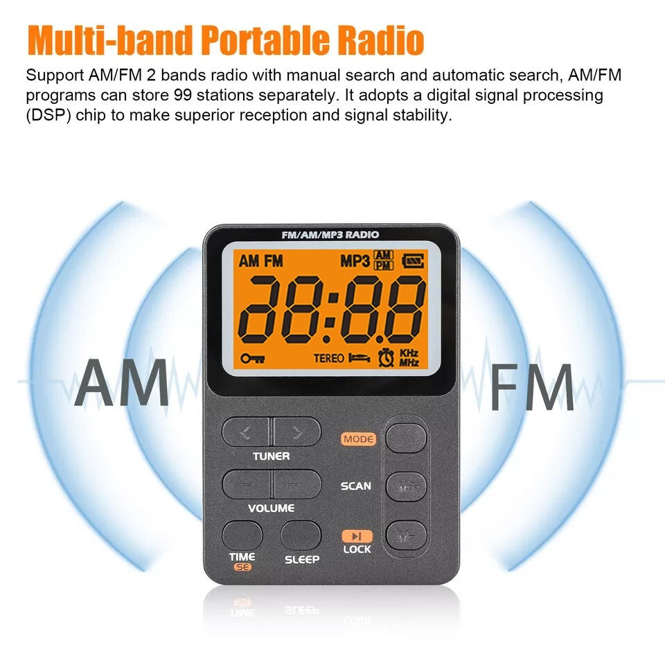 Portable Pocket Digital LCD AM FM Radio Stereo MP3 USB Rechargeable w/Earphones