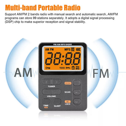 Portable Pocket Digital LCD AM FM Radio Stereo MP3 USB Rechargeable w/Earphones