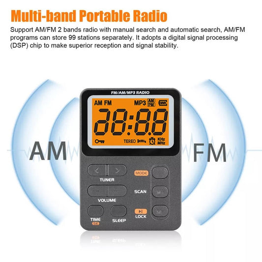 Solid Spare Portable Pocket Digital LCD AM FM Radio Stereo MP3 USB Rechargeable w/Earphones