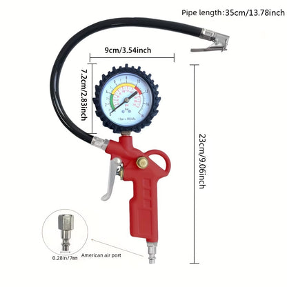 220 PSI Tire Inflator Gun Pressure Gauge Air Chuck with 1/4'' NPT Hose Truck Car